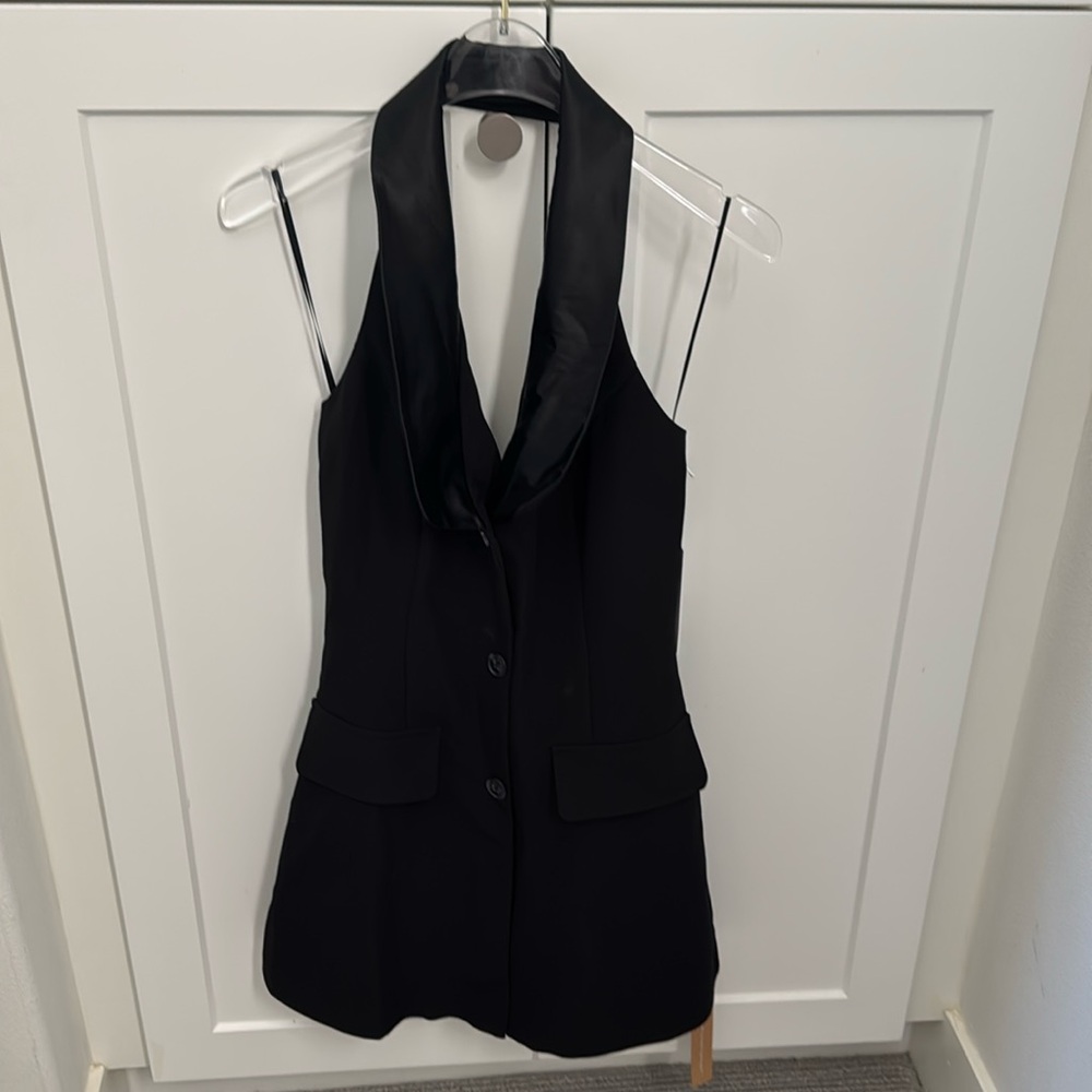 Reformation Black Satin-Trim Halter Dress